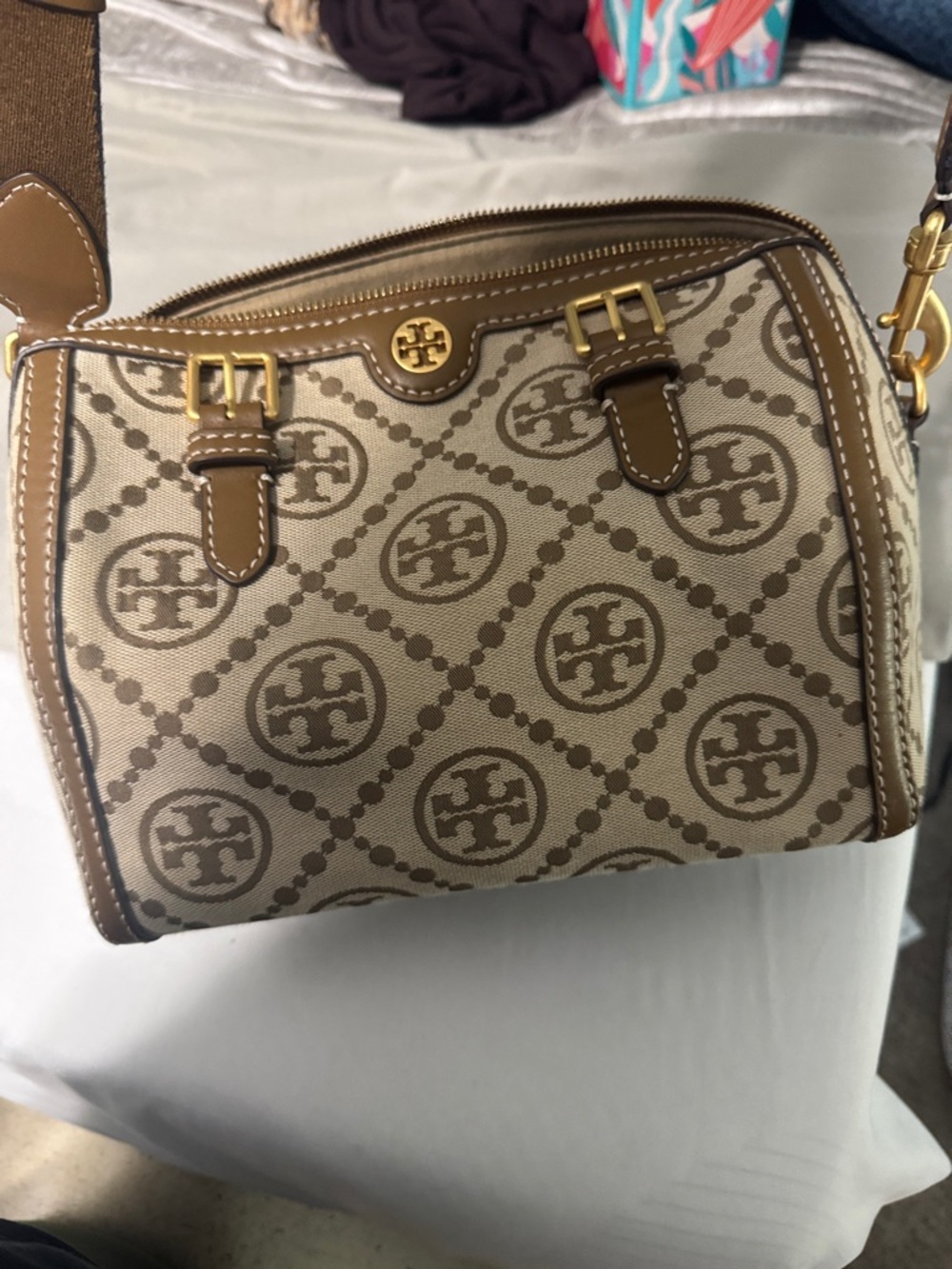TORY BURCH T Monogram
Jacquard Barrel Bag HAZELNUT  AUTHENTIC Large Size